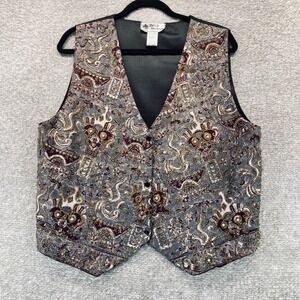 Bali Collection Womens Beaded Batik Vest Gray Burgundy Gold One Size Boho